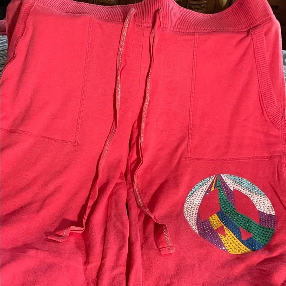 PINK Zip up Lg Hoodie and Pants w/Colorful Peace Sign’ gently used’